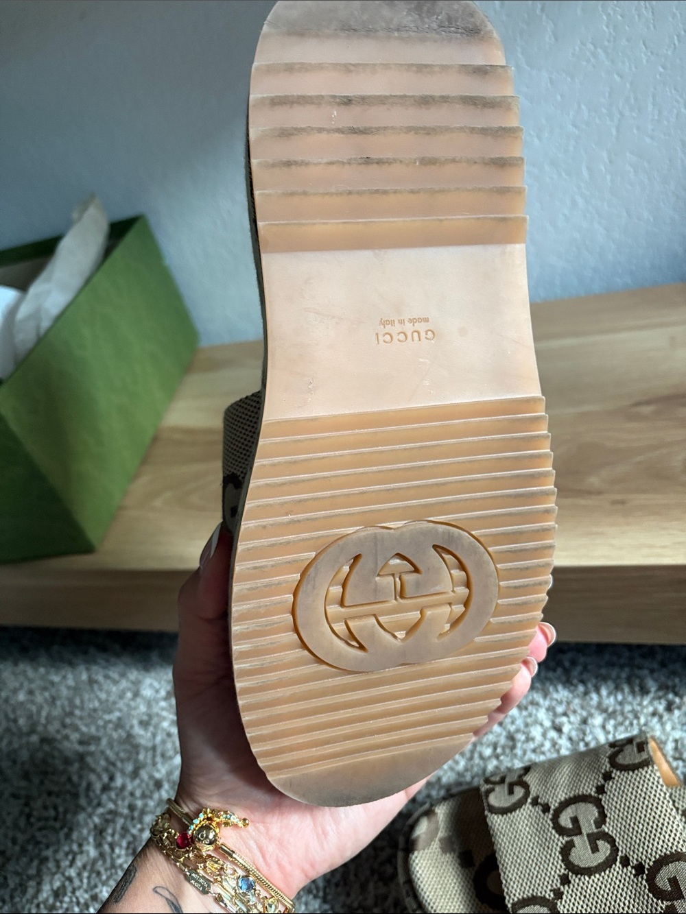 Gucci Beige/Brown GG Canvas Platform Slide Mules - Picture 7 of 8